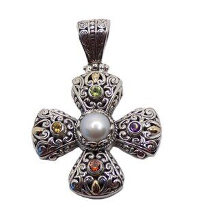 Sterling Silver and 18K Gold Accents White Pearl Enhancer Cross Pendant
